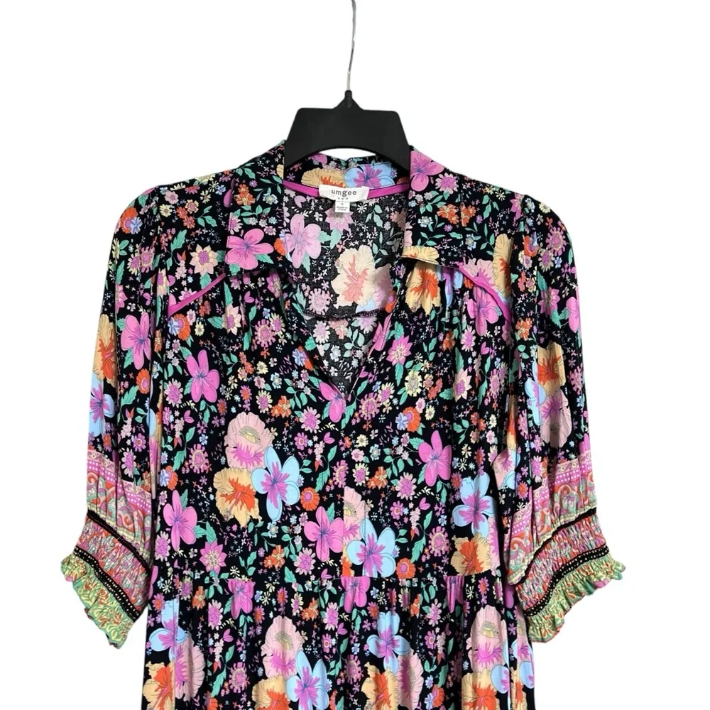 Umgee Floral Boho Multicolor Short Sleeve Casual Dress Size‎ S